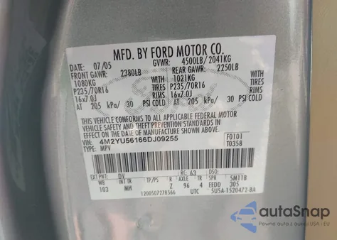 2006 Mercury Mariner Luxury/Premier z USA, uszkodzony, nr VIN 4M2YU56166DJ09255